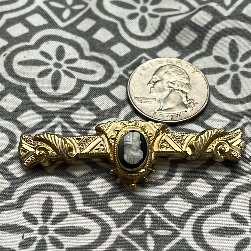 Vintage black and white Cameo set in gold detailed bar style pin